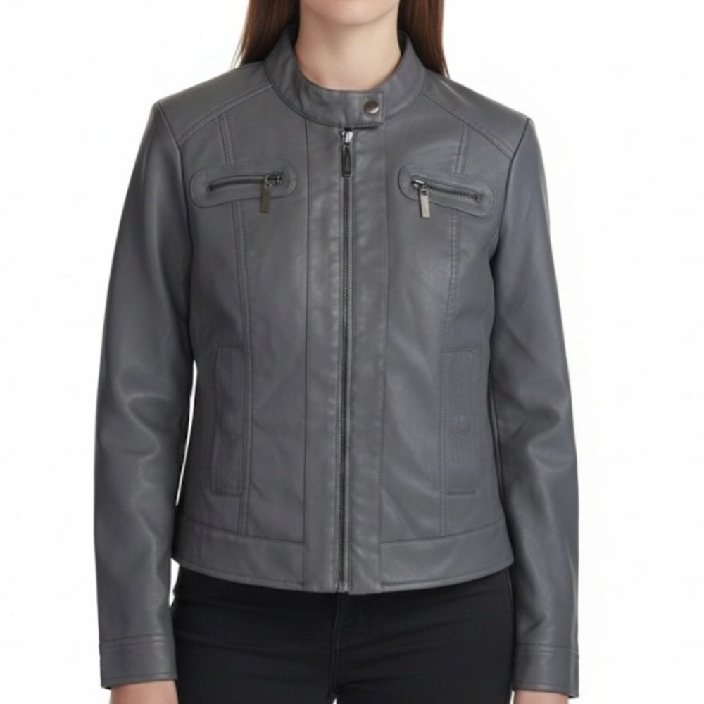 Joujou Jacket Womens‎ Large Gray Faux Leather Moto Zip Faux Fur Lined Short Chic